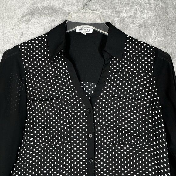 Express Shirt Womens Medium Black White Polka Dots Portofino Office Professional - Picture 4 of 7